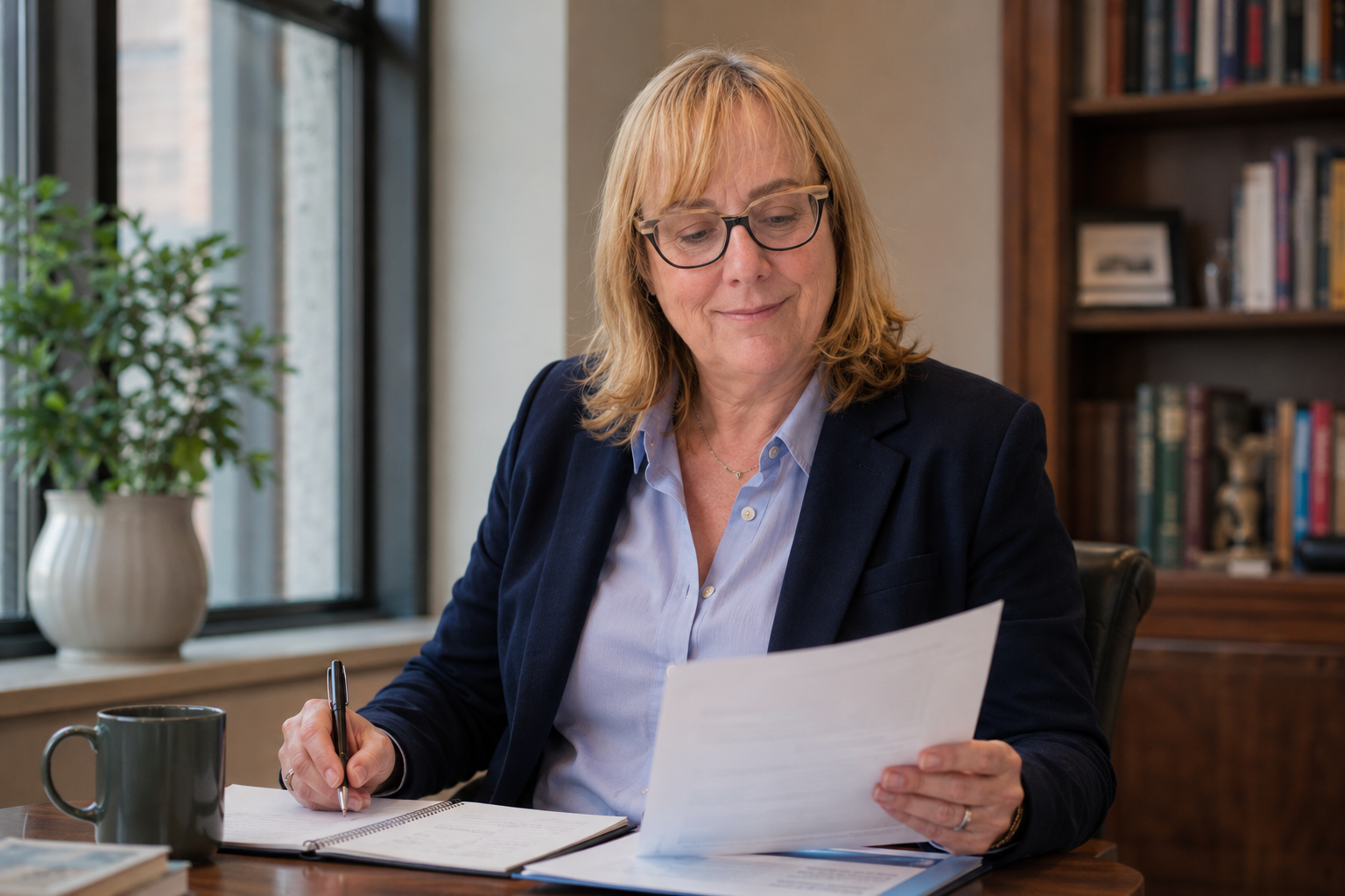 Illyse Kaplan reviewing materials at a desk